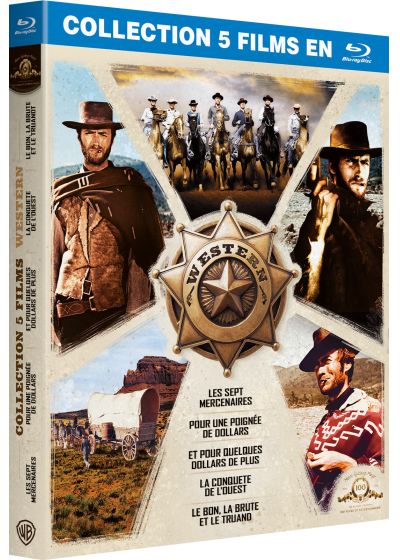 Collection 5 films Western : Les Sept mercenaires + Pour une poignée de dollars + Et pour quelques dollars de plus + La Conquête de l'ouest + Le Bon, la brute et le truand (Pack) - Blu-ray